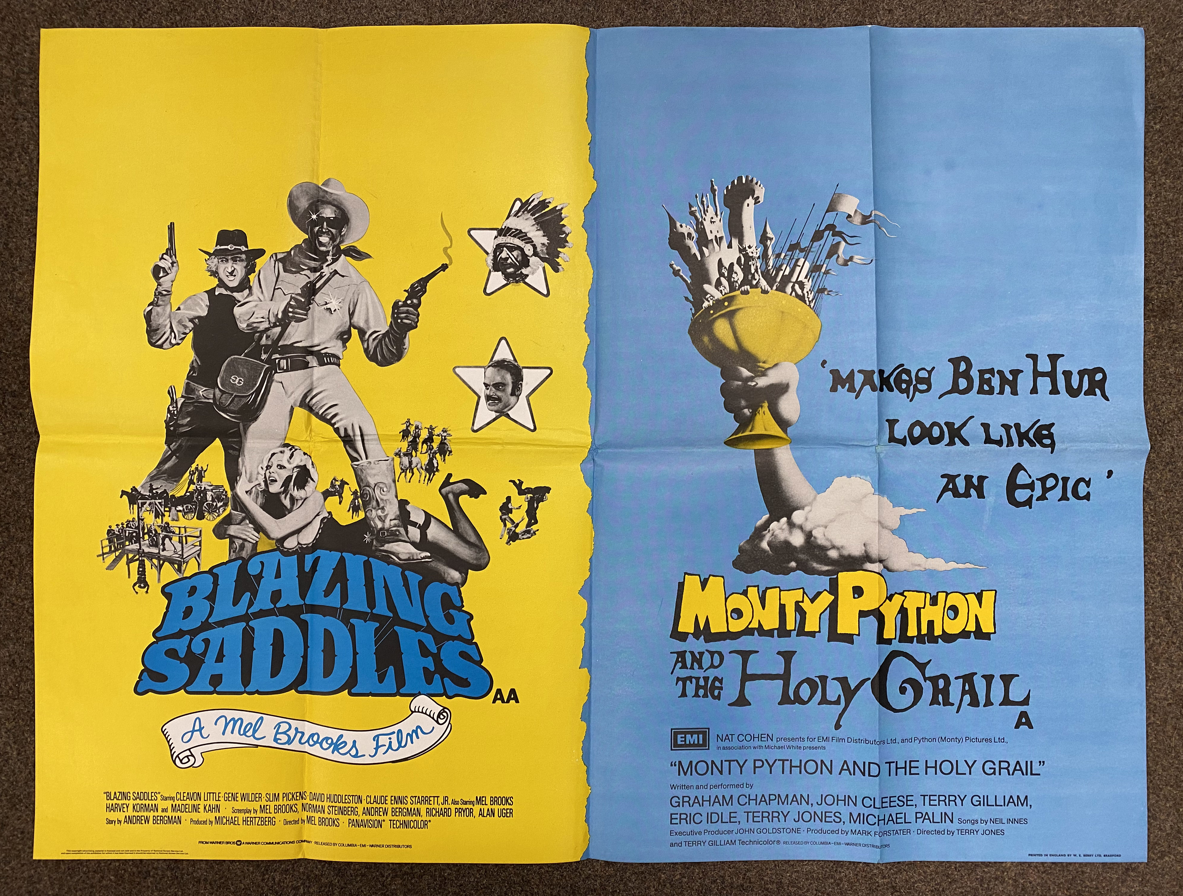 Blazing Saddles and Monty Python And The Holy Grail double-bill British Quad film poster, folded.