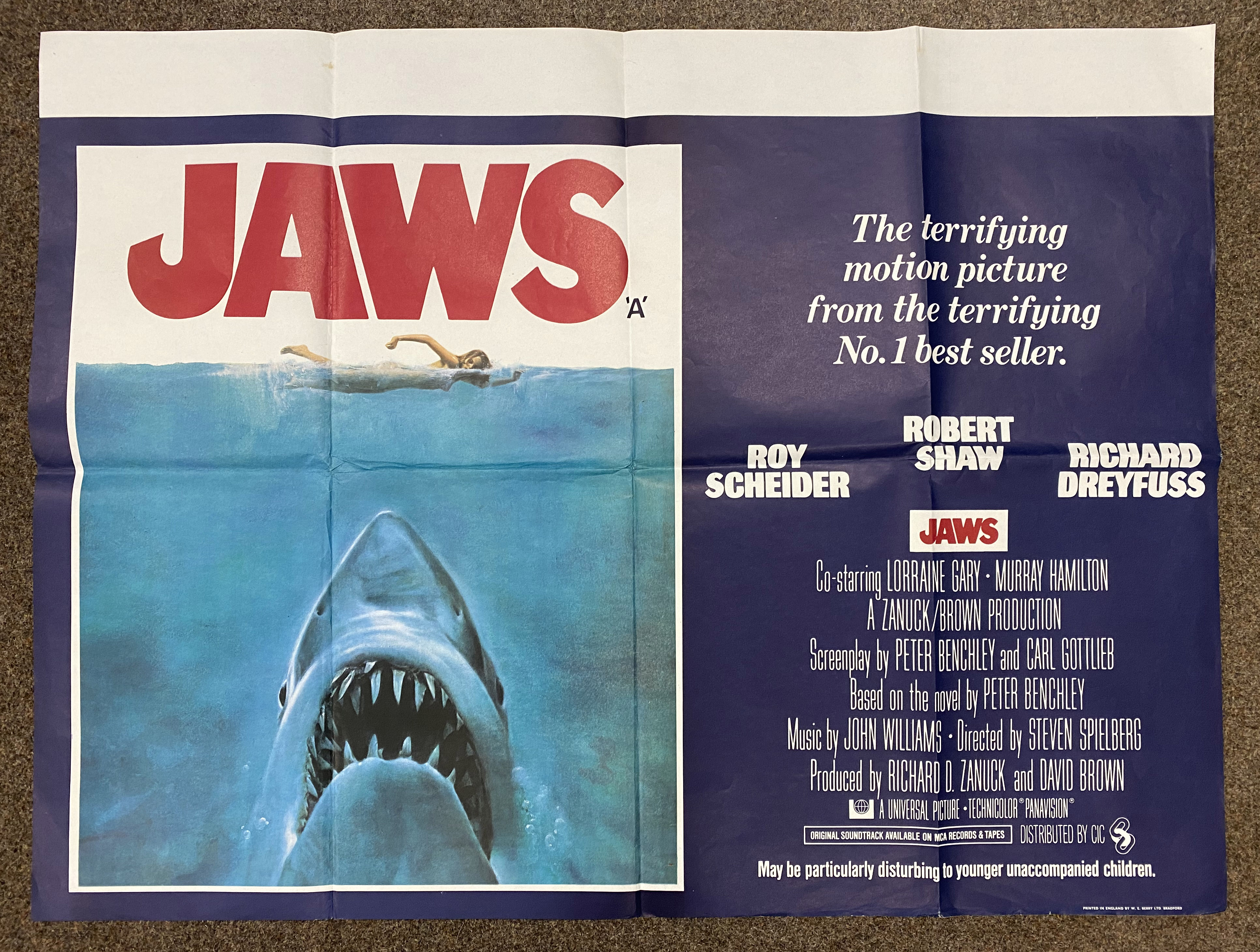 Jaws British Quad film poster, folded.