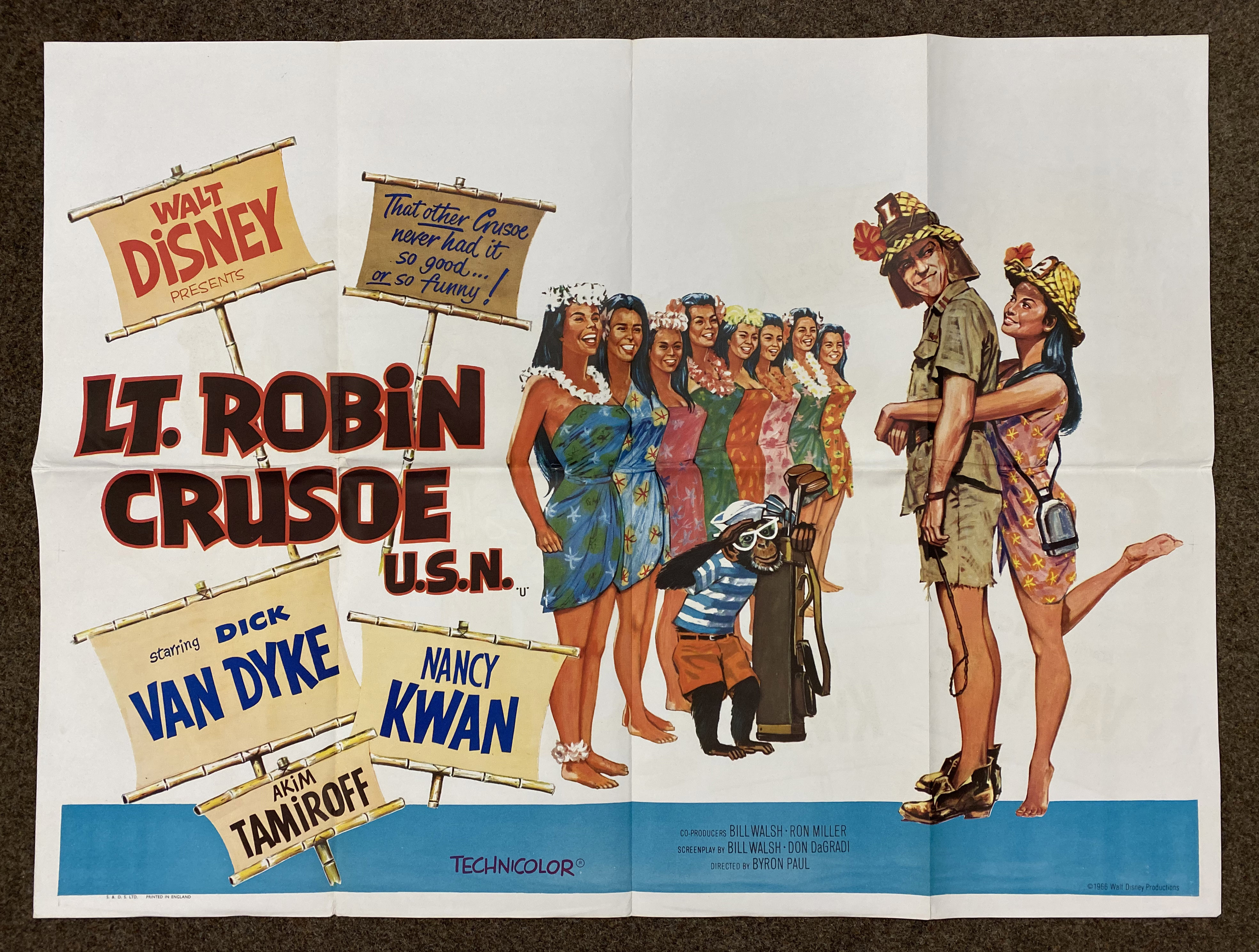 Walt Disney presents Lt. Robinson Crusoe U.S.N. British Quad film poster, folded.