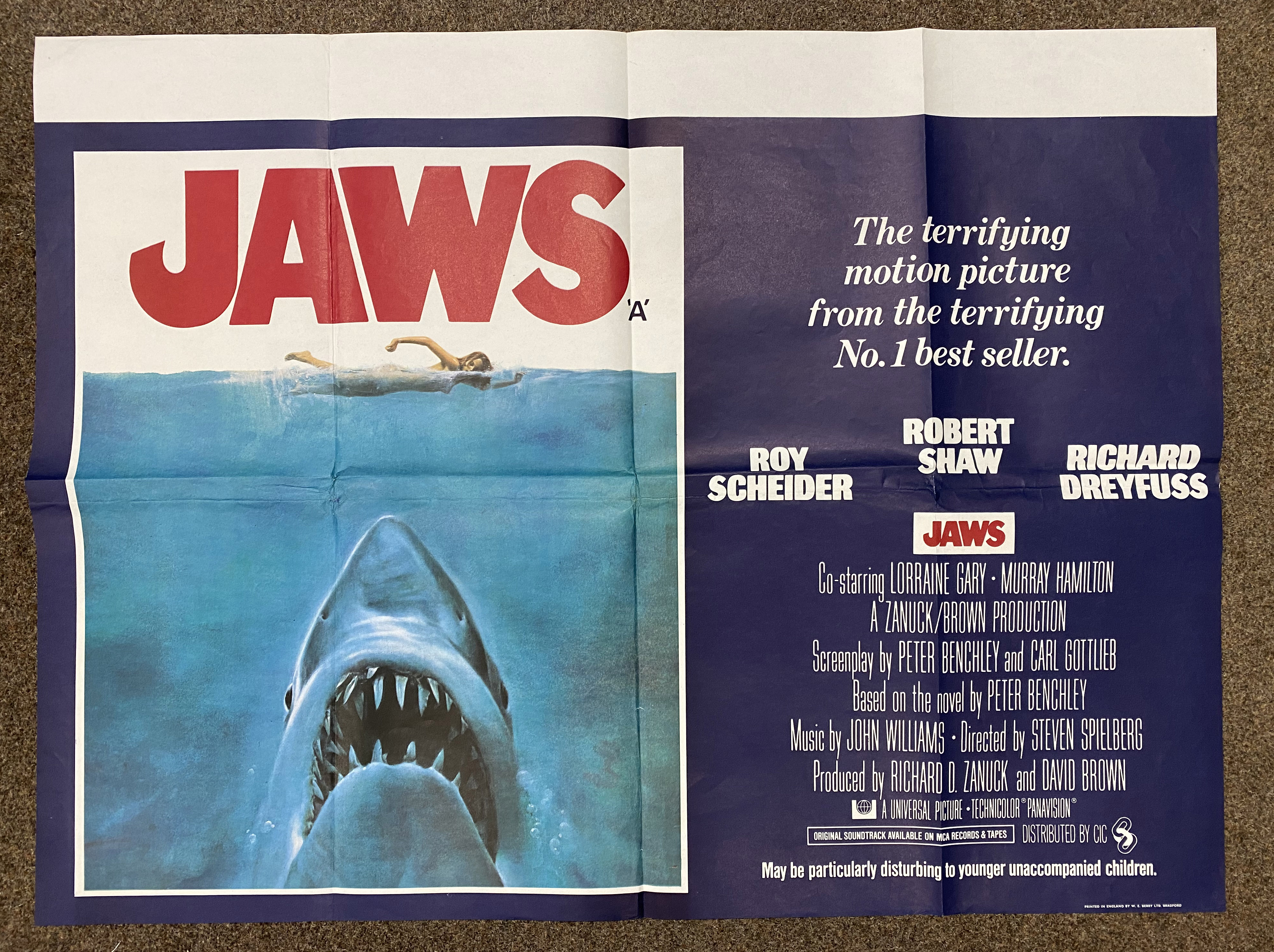 Jaws British Quad film poster, folded.