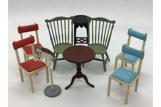 A small collection of miniature dolls house furniture, including chairs, torchere, tripod table - Image 1 of 5