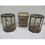 Two hand made dolls house "taxidermy" swans in cases along with a butterfly cabinet
