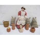 A collection of dolls house items, flour sacks, wicker basket and terracotta along with a figure
