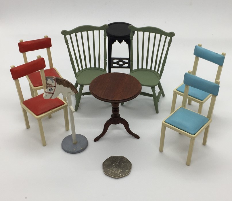 A small collection of miniature dolls house furniture, including chairs, torchere, tripod table - Image 2 of 5