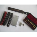 A collection of cut throat razors, vesta case A/F, strop, drawing instruments etc