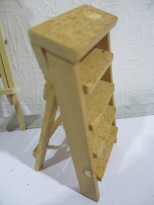 A collection of miniature dolls house kitchen items including an ironing board, step ladder, - Image 3 of 7