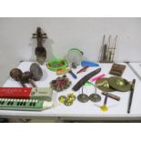 A collection of vintage musical instruments- Hohner Melodica Soprano, gourd rattles/ maracas penny