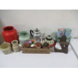 A collection of miscellaneous items including milk jug, small Tiffany style lamp shade, tins,