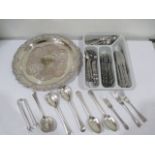 A collection of silver plated cutlery and tray