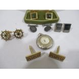 Five pairs of cufflinks including Chinese silver, along with a fob watch