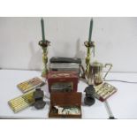 Roberts radios, carbide lamps, brass candlesticks and a cased apothecary scale etc.