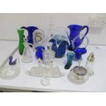 A collection of various glassware including "Bristol Blue", decanter etc.