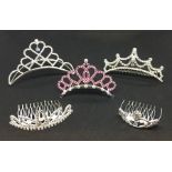 Five crown/tiara hair combs set with crystals