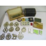 A collection of various items including microscope slides, jewellery box, cigarette cards and