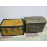A metal bound trunk along with a brass dome topped coal box