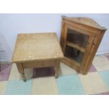 A small pine glazed corner cupboard along with a pine commode