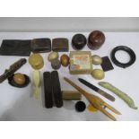 A collection of wooden ware, leather items etc