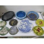 A Japanese blue and white charger along various china