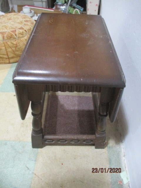 Two chairs along with a small drop leaf coffee table and a vintage pouffe - Image 10 of 14