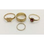 Three 9 ct gold rings with an unmarked gold earring, total weight 6.8g