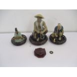 Three oriental china figures on stands along with a toad figure etc