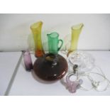 A collection of glassware including a lamp, jugs, vases etc