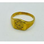 A high carat (probably 18ct but hallmark rubbed) signet ring. Weight 4.2g, size L