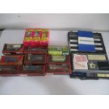 A small collection of diecast cars, backgammon set etc