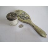 A hallmarked silver topped dressing table pot along with a Chinese silver hand mirror and a small