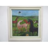 A Vanessa Cooper oil on board, monogrammed. Horses in a field, overall size ( including frame)