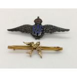 A silver and enamel RAF sweetheart brooch along with a 9ct gold brooch (weight 1.1g)