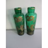 A pair of green glass vases decorated with flowers - 32cm Height