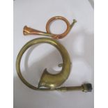 A vintage brass car horn ( A/F) along with a copper hunting horn