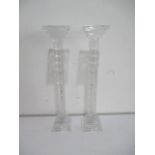 A pair of crystal glass candlestick holders - 45cm Height, along with glass bowl.