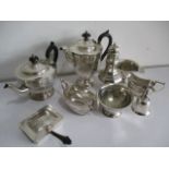 A collection of silver plated items including a small ash pan