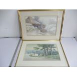 Two oriental watercolours, one of a lake scene and one of a lady washing clothes by H.Yoshida