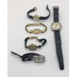 Two ladies 9 ct gold cocktail watches along with 3 other watches- Hirco,Titus etc.