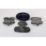 A silver Blue John oval brooch along with a hallmarked silver buckle and two Victorian silver