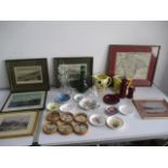 A collection of various china, glass, prints and photograph including pub water jugs, decanters etc