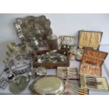 A collection of silver plated items including tankards, cocktail shaker, cased cutlery, coffee