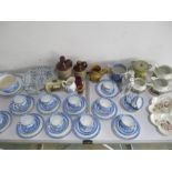 A blue and white part tea set, miscellaneous china, silver plated cocktail shaker and small cider