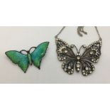 A sterling silver enamelled butterfly brooch along with a butterfly pendant.