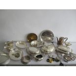 A collection of silver plated items including entree dish, wine coaster, toast racks etc.