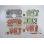 Six British banknotes including ten shillings and one pound notes