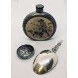 A pewter flask with inset panel depicting a hunting scene inscribed to base Josiah Ffitch & Co.