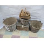A collection of wicker items including a selection of baskets, planter, picnic hamper, etc