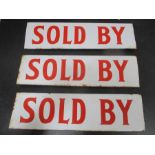 Three vintage enamelled "Sold By" enamelled estate agent signs, designed to clip over for sale