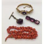 A Florenza hinged bracelet, coral necklace, bar brooch and fob