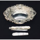 A hallmarked silver (Sheffield 1964) sweet meat dish along with a silver bladed fruit knife and
