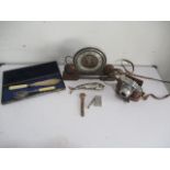 A collection of various items including a Super Paxette camera, Art Deco mantle clock with